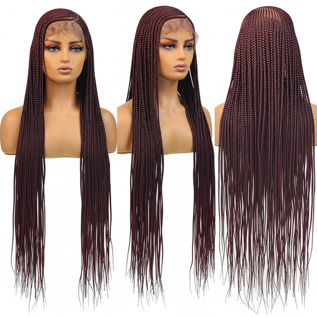 36'' Burgundy Full Lace Braided Wig Faux Locs Synthetic Knotless - OSASCO