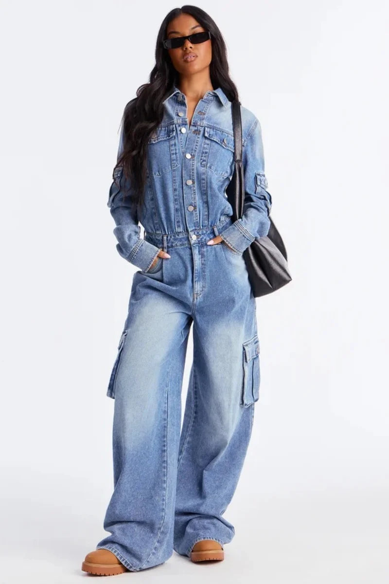 Women's Multi-Pocket Straight-Leg Denim Jumpsuit