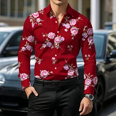 Men's Floral Print Long-Sleeve Casual Shirt