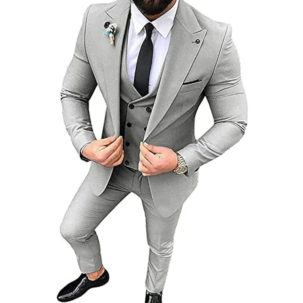 Men's Beige 3-Piece Slim Fit Peak Lapel Suit Set — product view