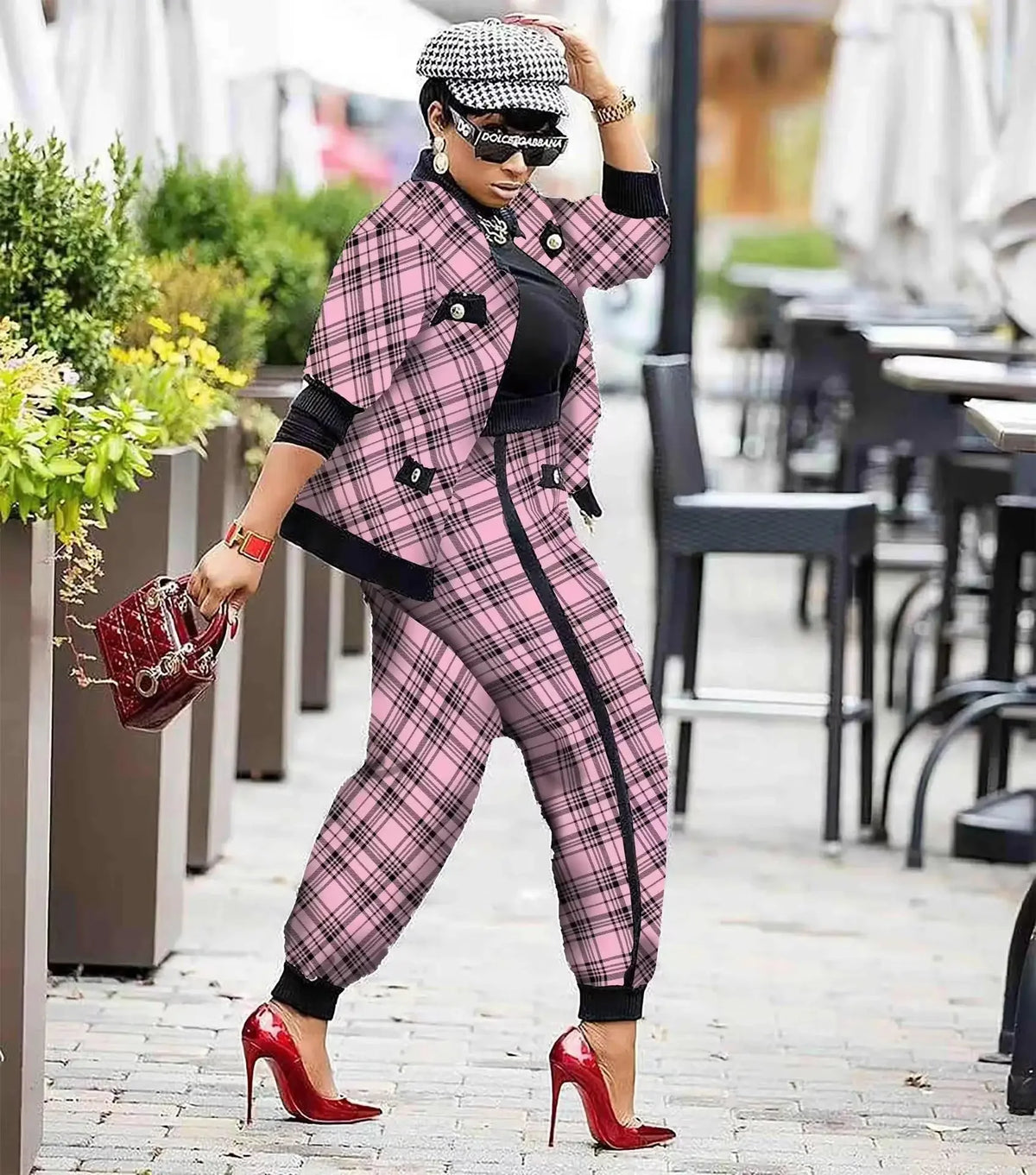 Women's Houndstooth Patchwork Jacket & Pants Set