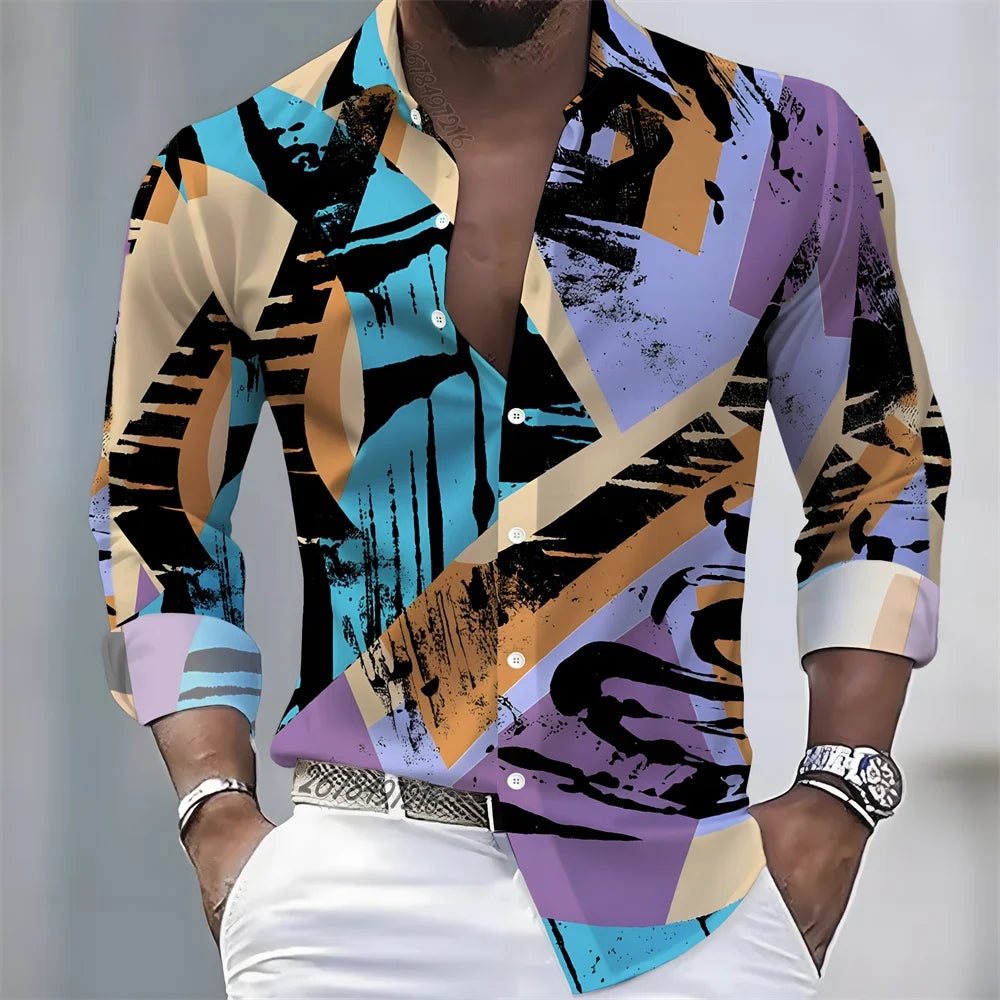 Men's Geometric Print Long-Sleeve Casual Shirt