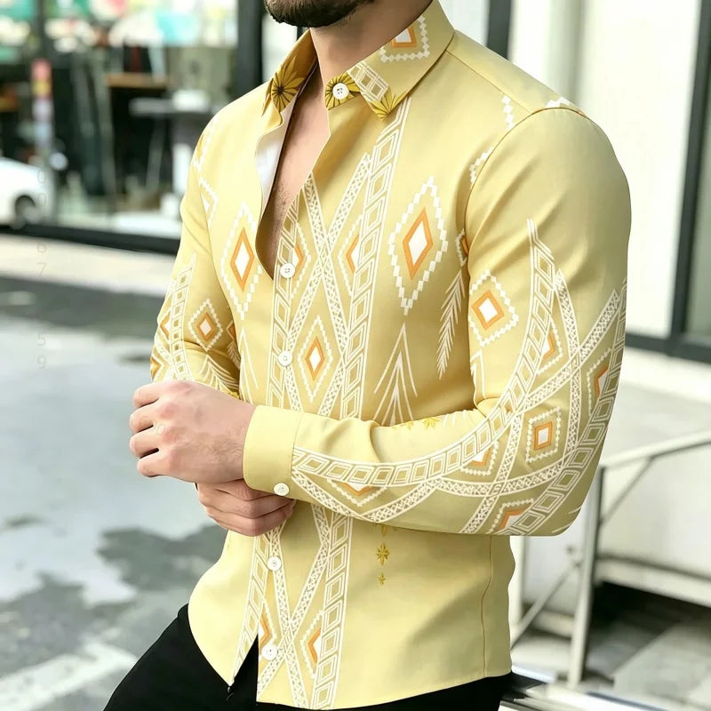 Men's Geometric Print Long-Sleeve Casual T-Shirt