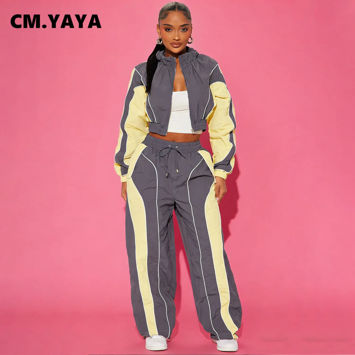 Women's Colour-Block Zip Jacket & Wide-Leg Pants Set
