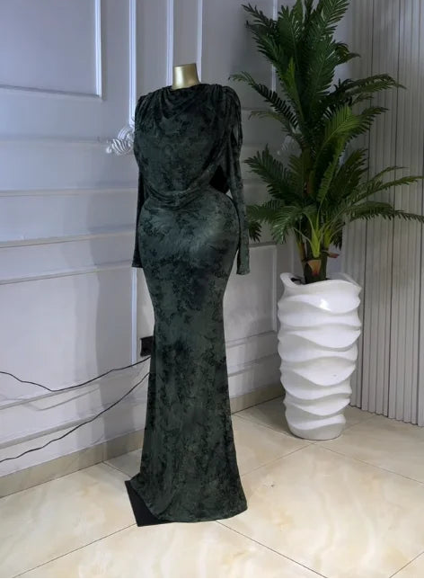 A dark green velvet floor-length gown with long sleeves and a draped neckline, displayed on a mannequin in an indoor setting next to a potted plant.