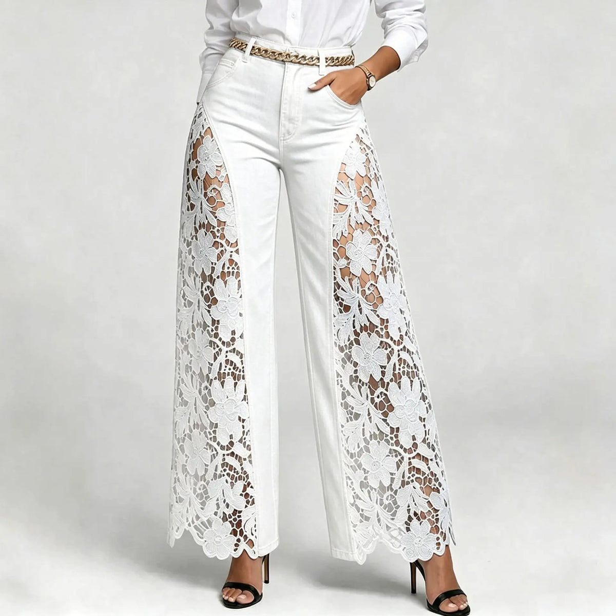 Women's Lace-Detail High-Waist Wide-Leg Jeans — product view