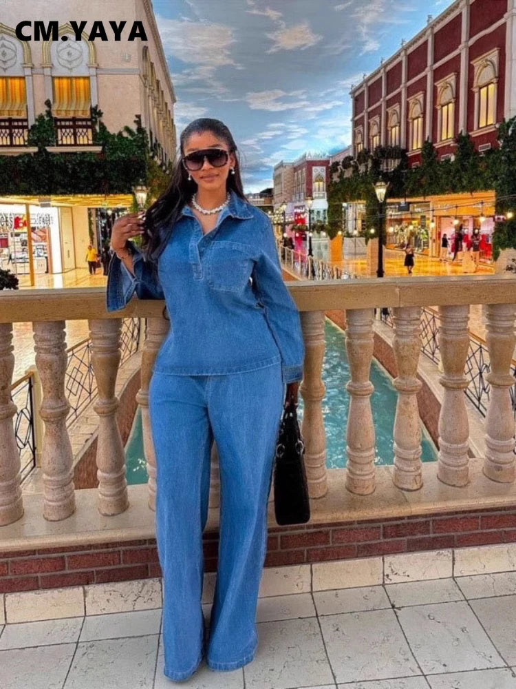 Women's Washed Denim Shirt & Wide-Leg Pants Set