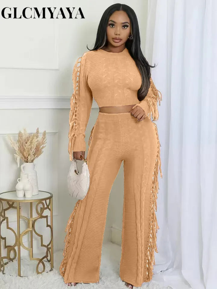 Women's Tassel Knit Sweater & Pants Set