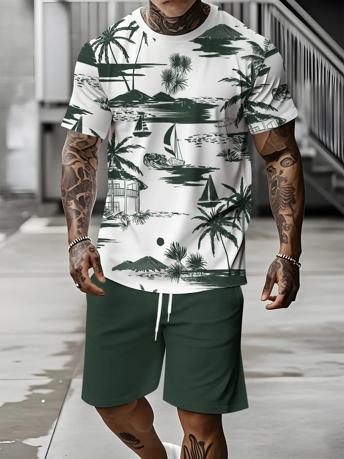 Men's Palm Tree Print Top & Shorts Set