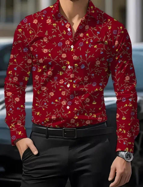 Men's Floral Print Long-Sleeve Casual Shirt