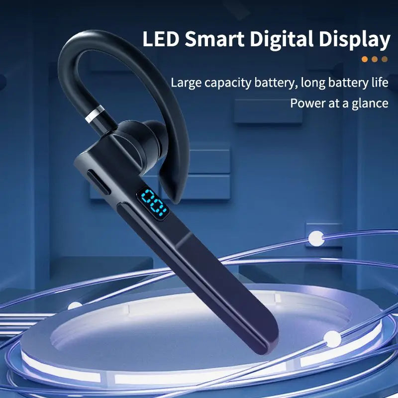 Black Bluetooth headset with LED display on a blue background