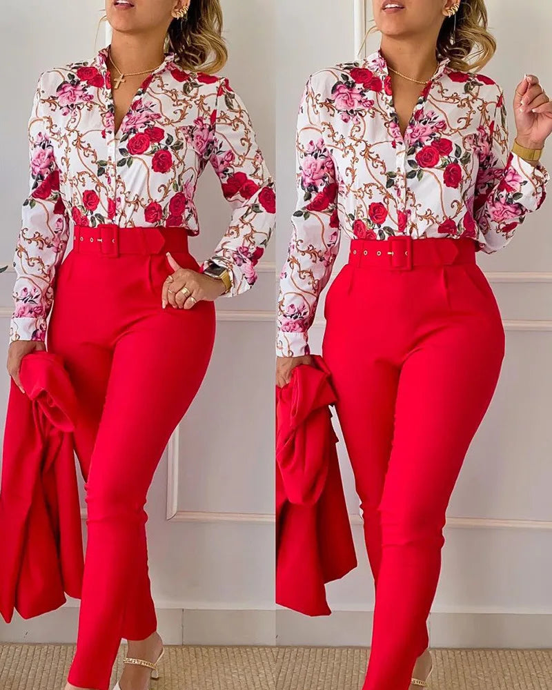 Women's Printed Long-Sleeve Shirt & Pants Set