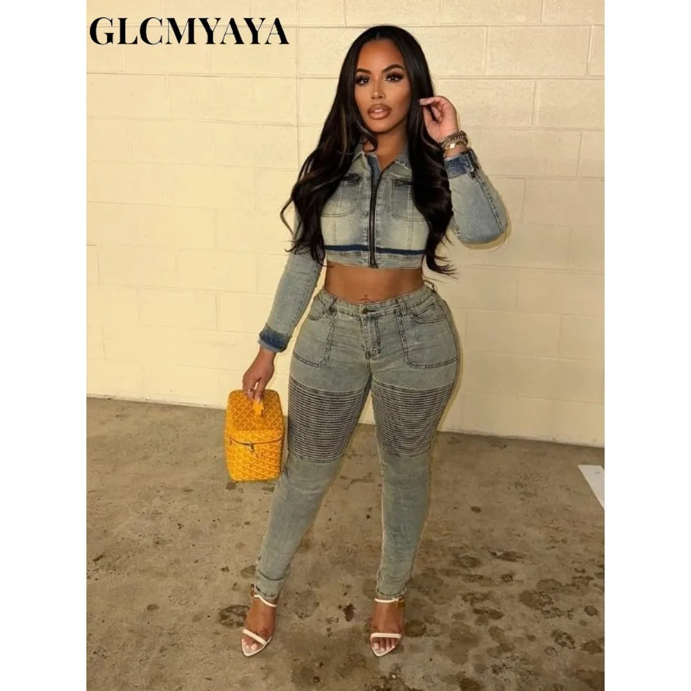 Women's Denim Patchwork Jacket & Fitted Jeans Set