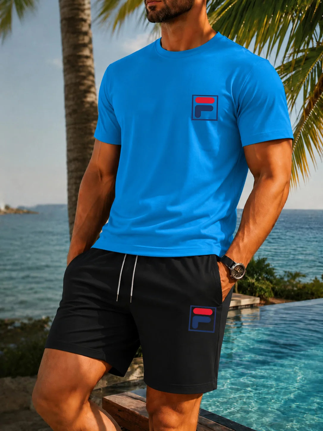 Men's Graphic Print Top & Shorts Set