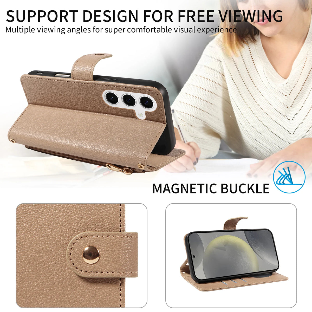 Crossbody Zipper Wallet Phone Case with Mirror for Samsung Galaxy A06, A07, A17, A04, A05, A05s, A57, A56, A55, A54, A50, A42 5G, A41, A30, A53 5G, A52 5G, A52s 5G, A51 4G, A34, A35, A36, A37, A31, A32 4G, A32 5G, A33 5G, A23 5G, A25 & More Models