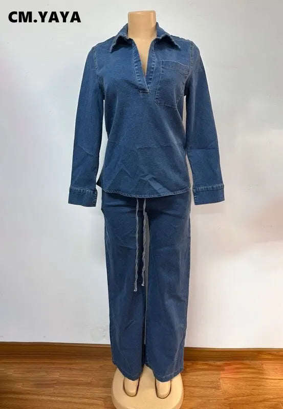 Women's Washed Denim Shirt & Wide-Leg Pants Set