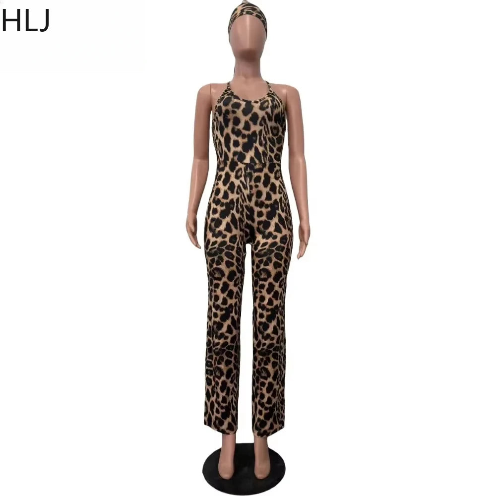 Women's Leopard-Print Strappy Jumpsuit with Scarf
