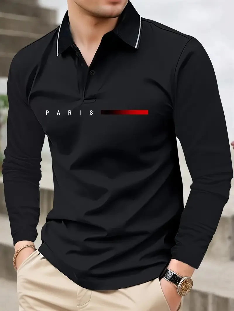 Men's Letter Print Long-Sleeve Polo Shirt