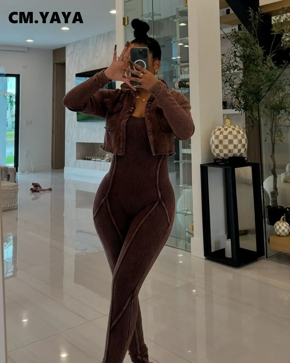 Women's V-Neck Jacket & Fitted Jumpsuit Set