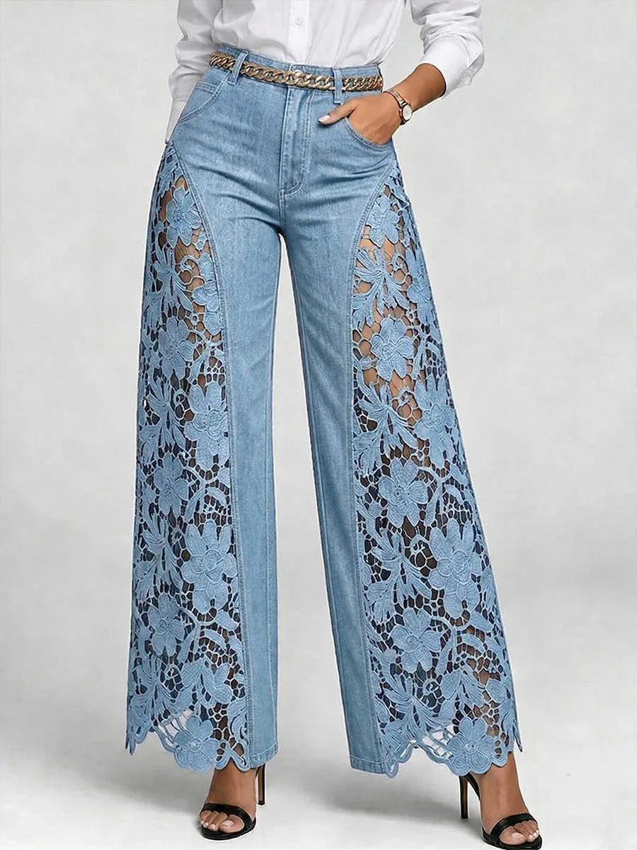 Women's Lace-Detail High-Waist Wide-Leg Jeans — product view