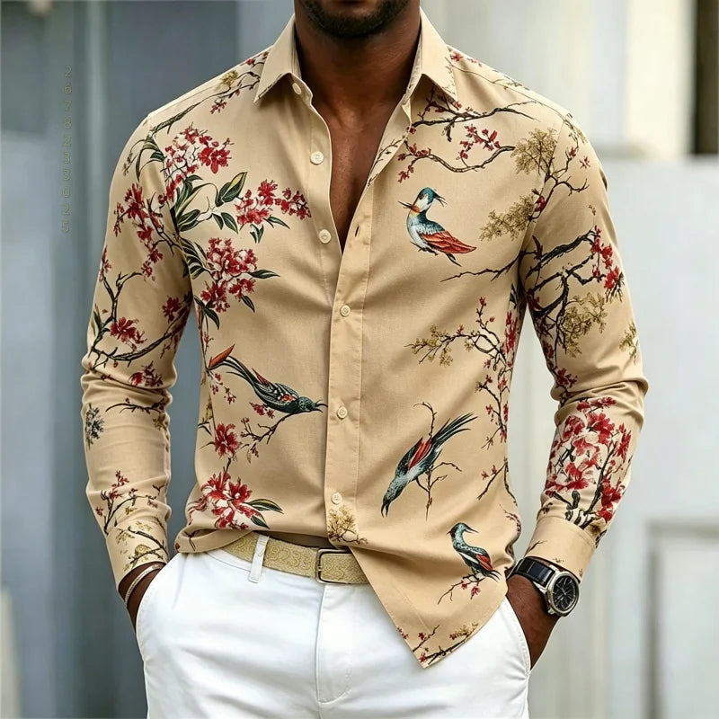 Men's Floral Print Long-Sleeve Casual Shirt
