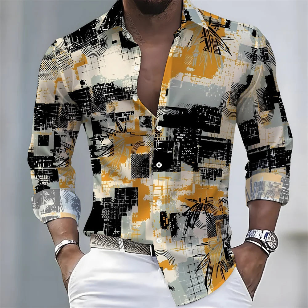Men's Geometric Print Long-Sleeve Casual Shirt