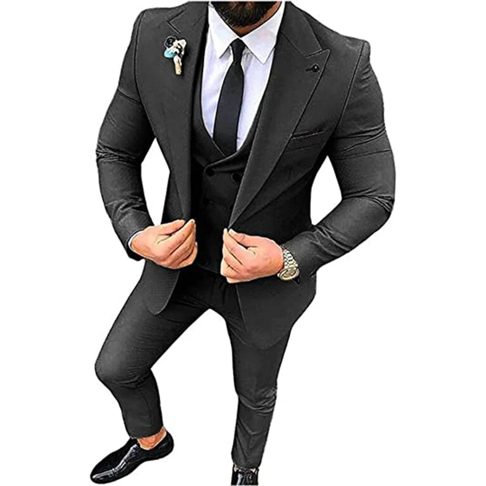Men's Beige 3-Piece Slim Fit Peak Lapel Suit Set — product view