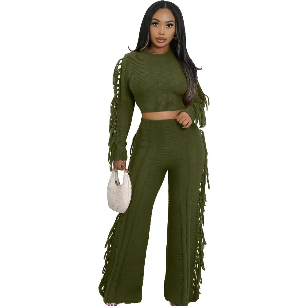 Women's Tassel Knit Sweater & Pants Set