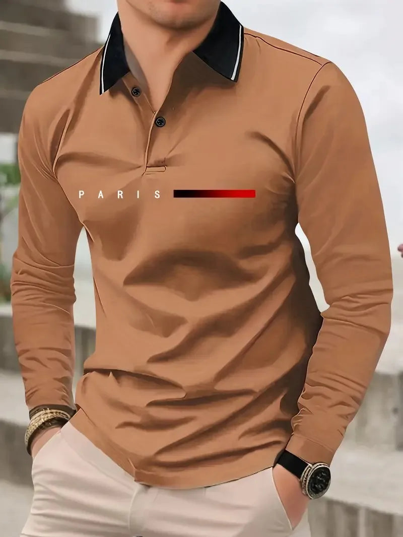 Men's Letter Print Long-Sleeve Polo Shirt