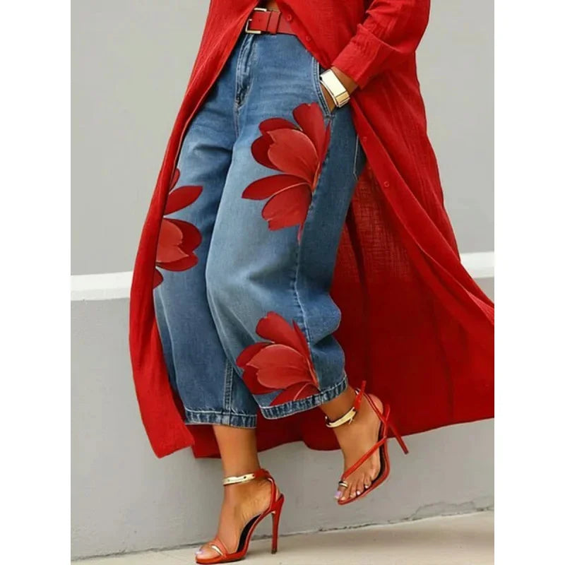 Women's Printed High-Waist Wide-Leg Jeans — product view
