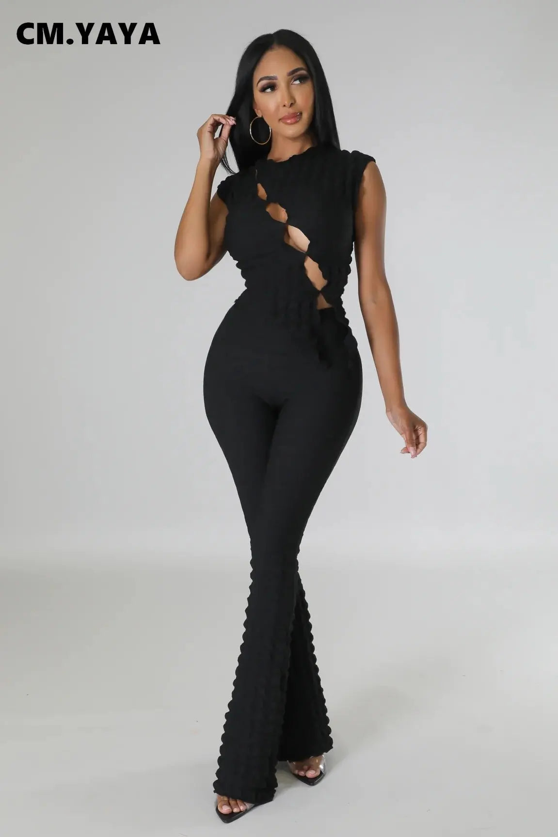 Women's Cutout Stretch Top & Flared Pants Set