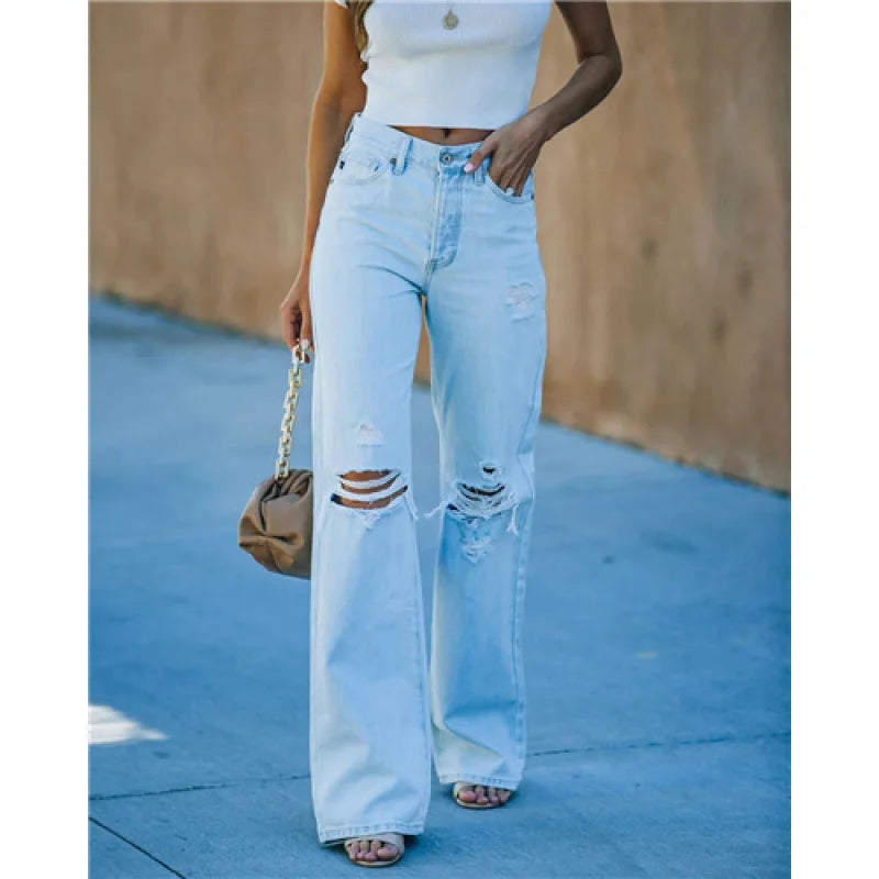 Women's Light-Wash Ripped Straight-Leg Jeans — product view