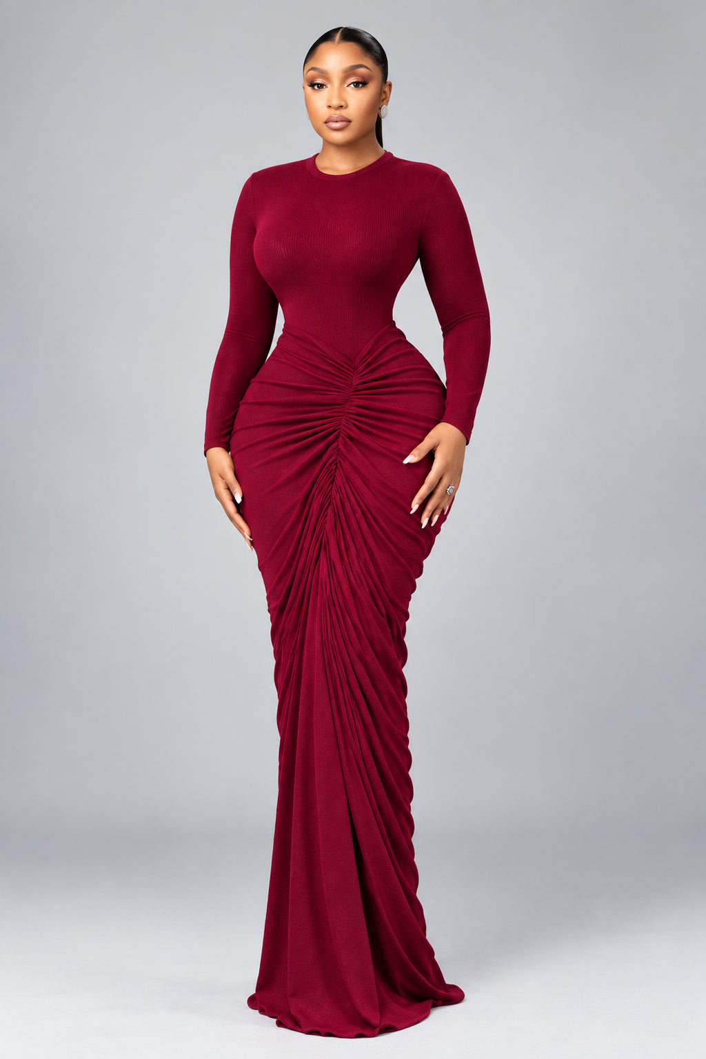 Women's Ruched Long-Sleeve Bodycon Maxi Dress