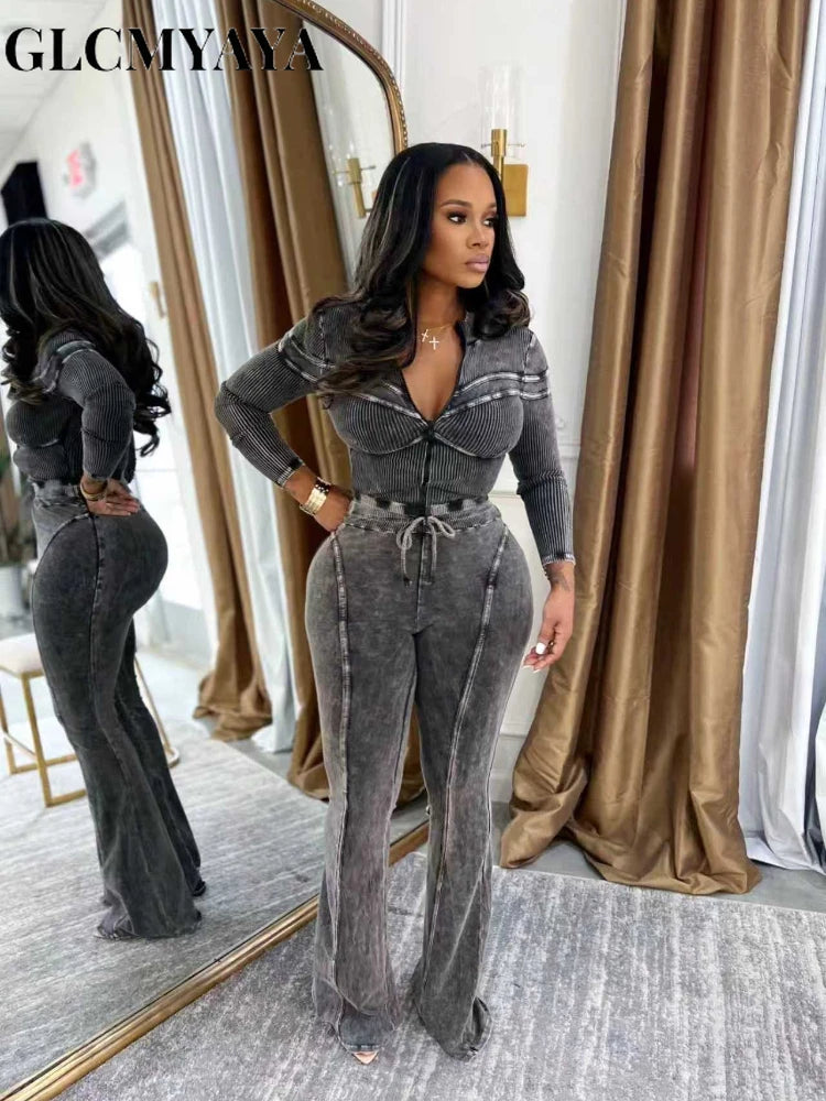 Women's Washed-Look Knit Jacket & Pants Set