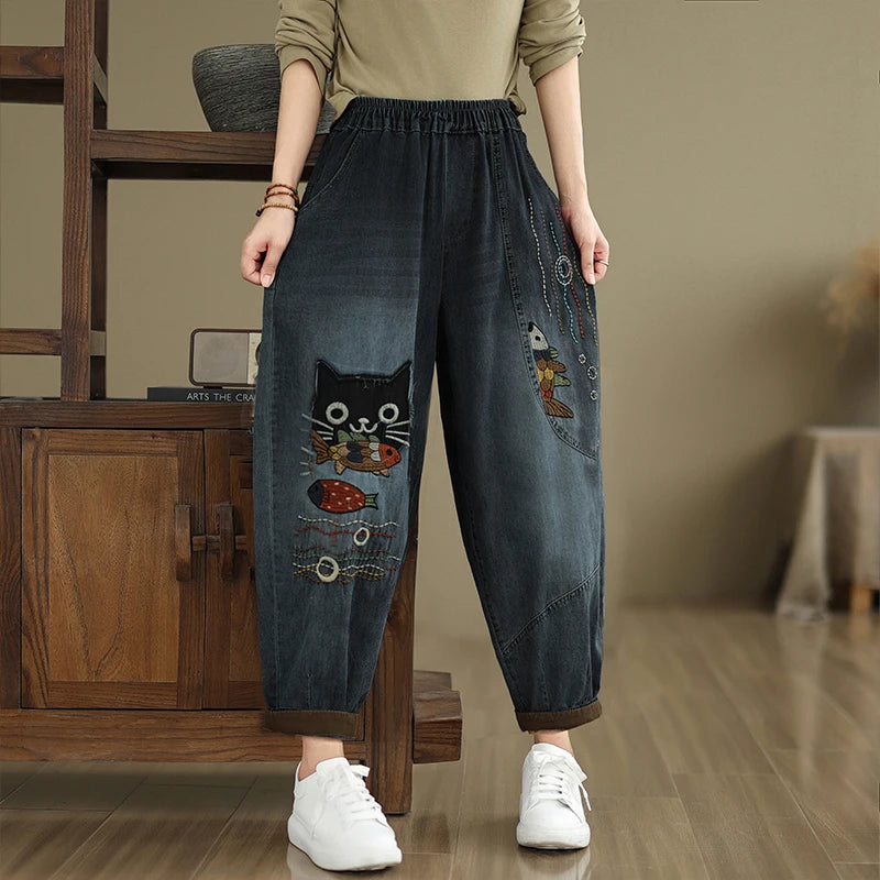 Women's Owl-Embroidered Cropped Jeans — product view