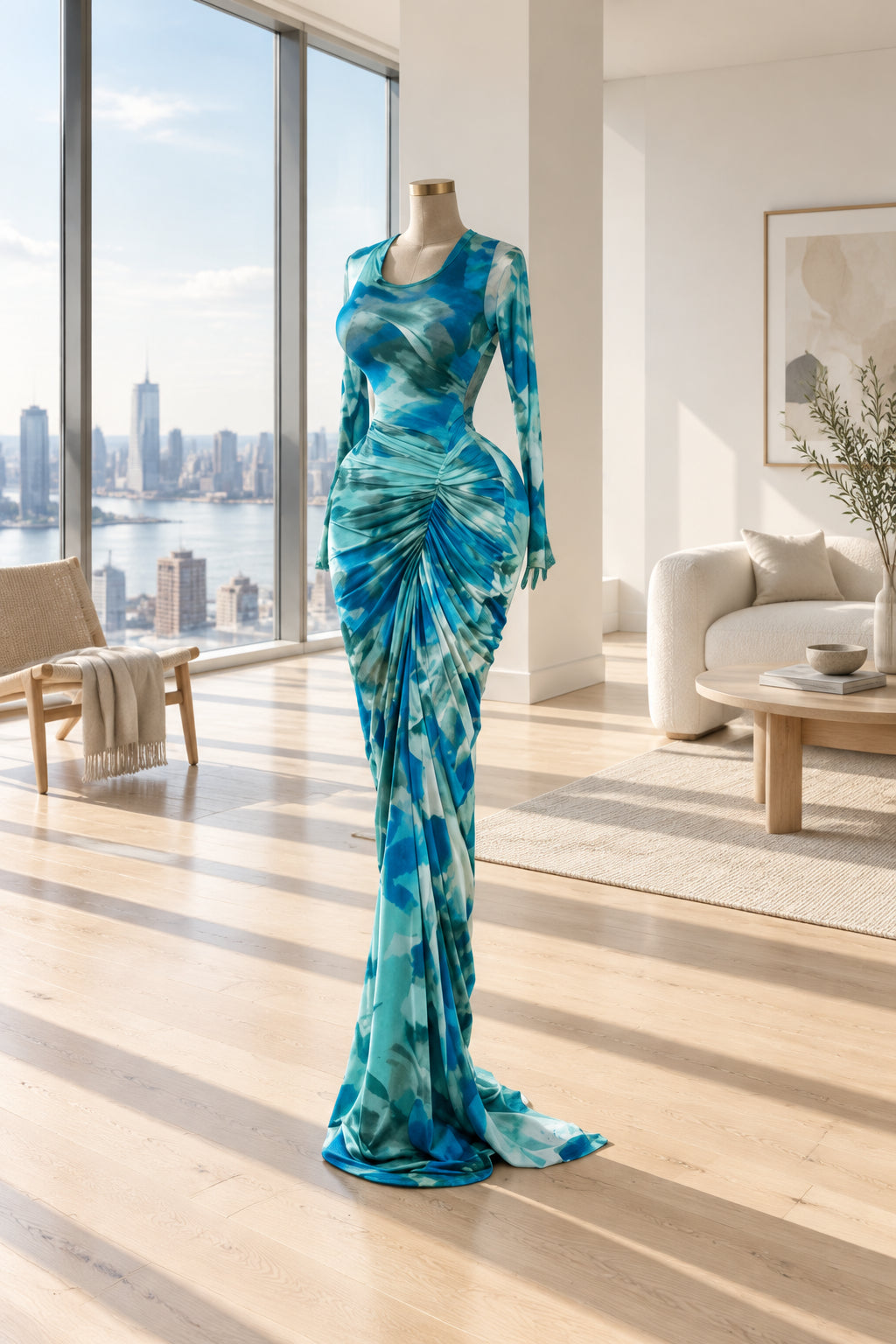 A long-sleeve floor-length gown displayed on a mannequin indoors. The dress has a blue and teal abstract tie-dye pattern with a ruched draped bodice and a long train.