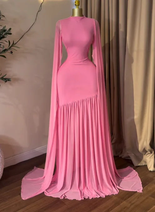 Women's High-Neck Mesh Cape-Sleeve Mermaid Gown