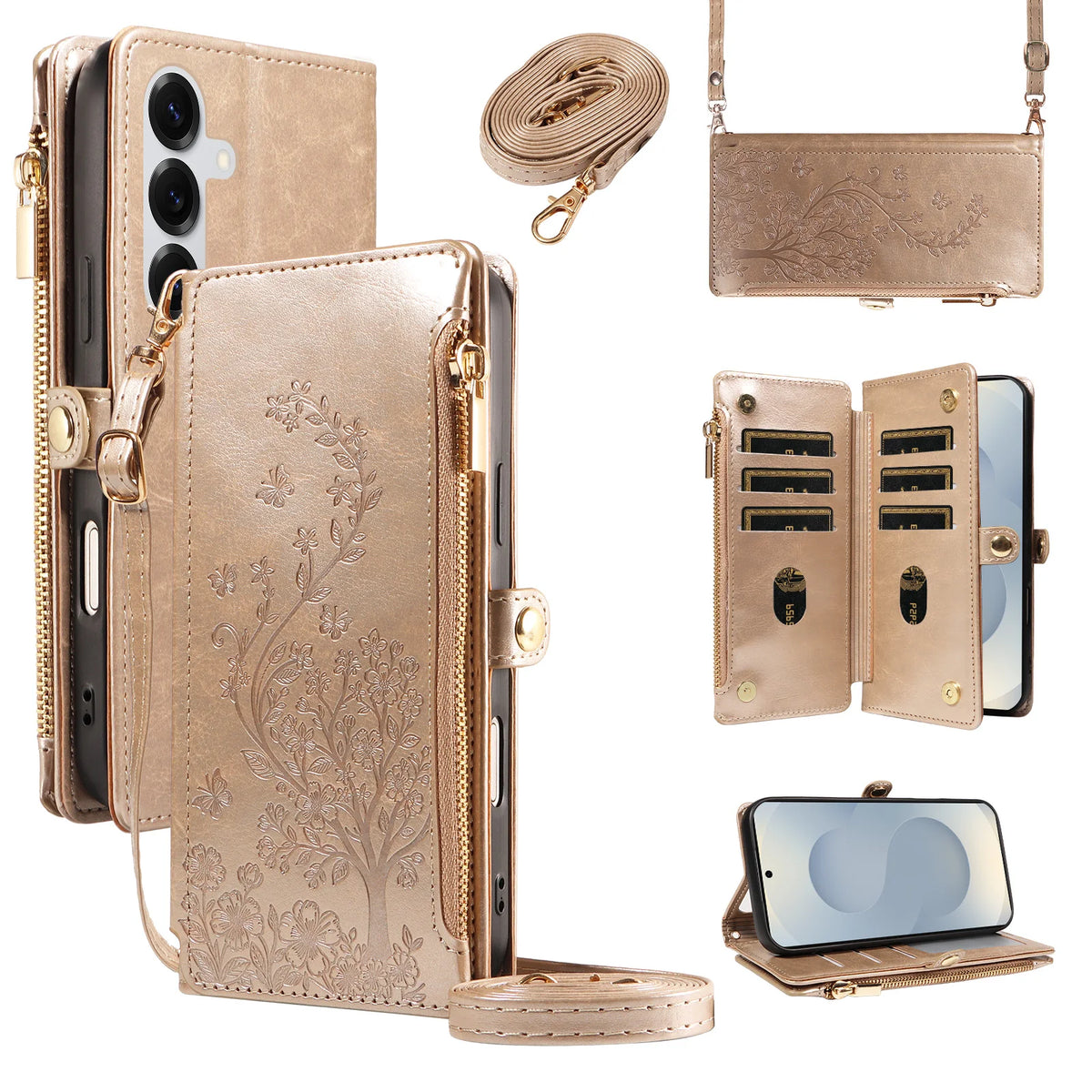 Floral Embossed Crossbody Zipper Wallet Phone Case for Samsung Galaxy S21+ 5G, S21 FE 5G, S21 Ultra 5G, S21, S20, S20 FE, S20+, S20 Ultra, S23 Ultra, S23 FE, S23+, S24 Ultra, S22+ 5G, S22 5G, S22 Ultra 5G, S23, S25 Ultra, S25 FE & More Models