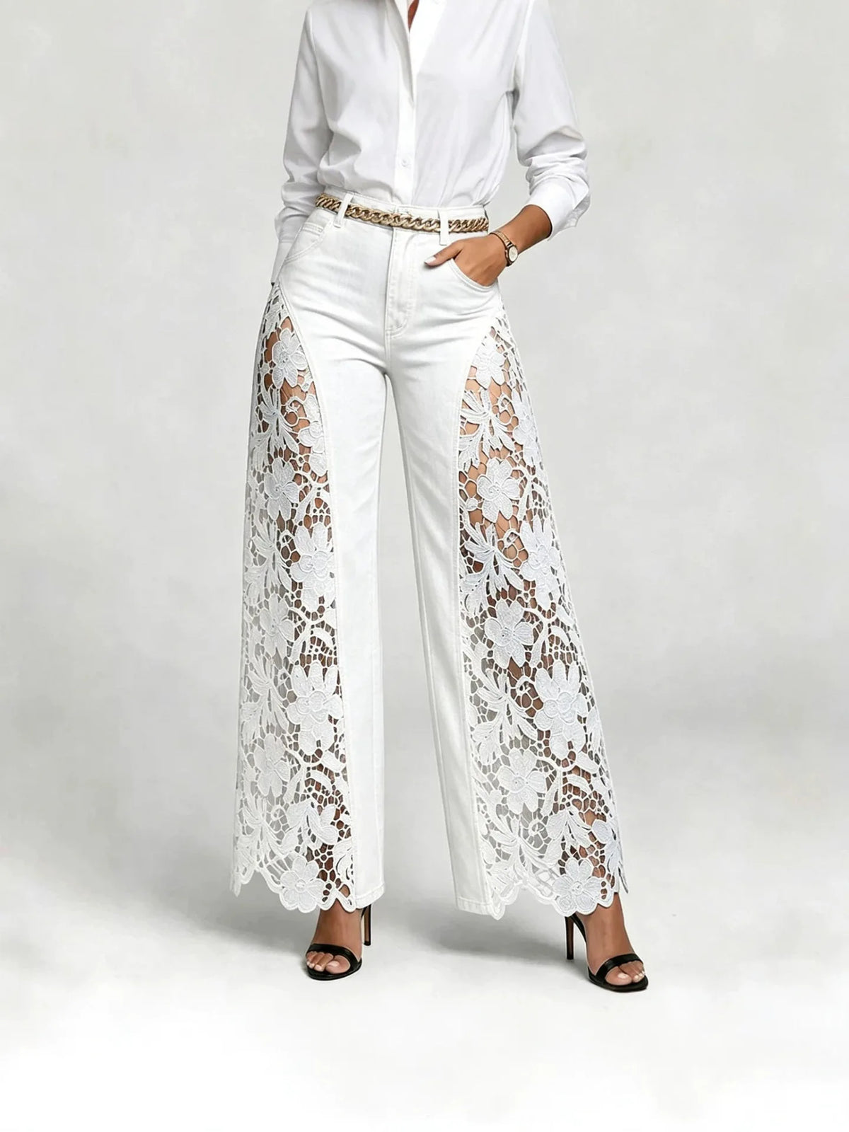 Women's Lace-Detail High-Waist Wide-Leg Jeans — product view