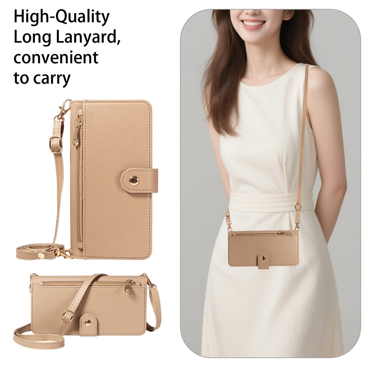 Crossbody Zipper Wallet Phone Case with Mirror for Samsung Galaxy A06, A07, A17, A04, A05, A05s, A57, A56, A55, A54, A50, A42 5G, A41, A30, A53 5G, A52 5G, A52s 5G, A51 4G, A34, A35, A36, A37, A31, A32 4G, A32 5G, A33 5G, A23 5G, A25 & More Models