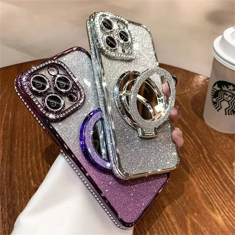 Glitter Magnetic Mirror Phone Case with Stand for iPhone 11 Pro, iPhone 11 Pro Max, iPhone 11, iPhone 14, iPhone 14 Pro, iPhone 13 Pro Max, iPhone 15, iPhone 15 Pro, iPhone 14 Pro Max, iPhone 12 Pro, iPhone 12 Pro Max, iPhone 12 & More Models