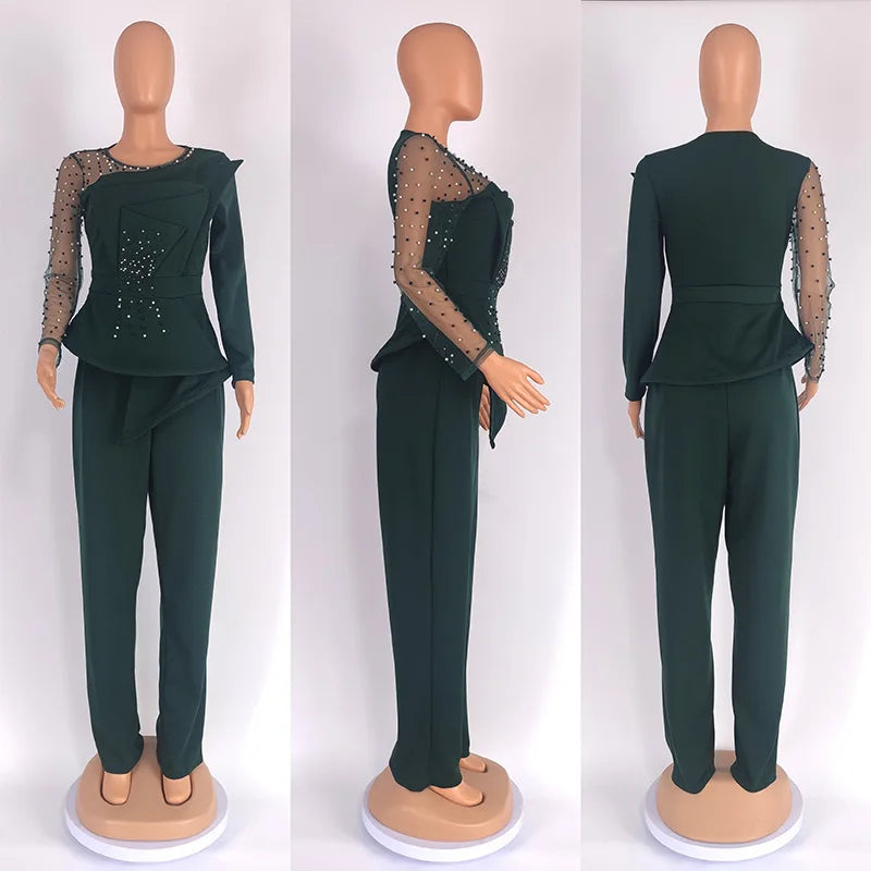 Women's Beaded Mesh Ruffle Blazer & Pants Set