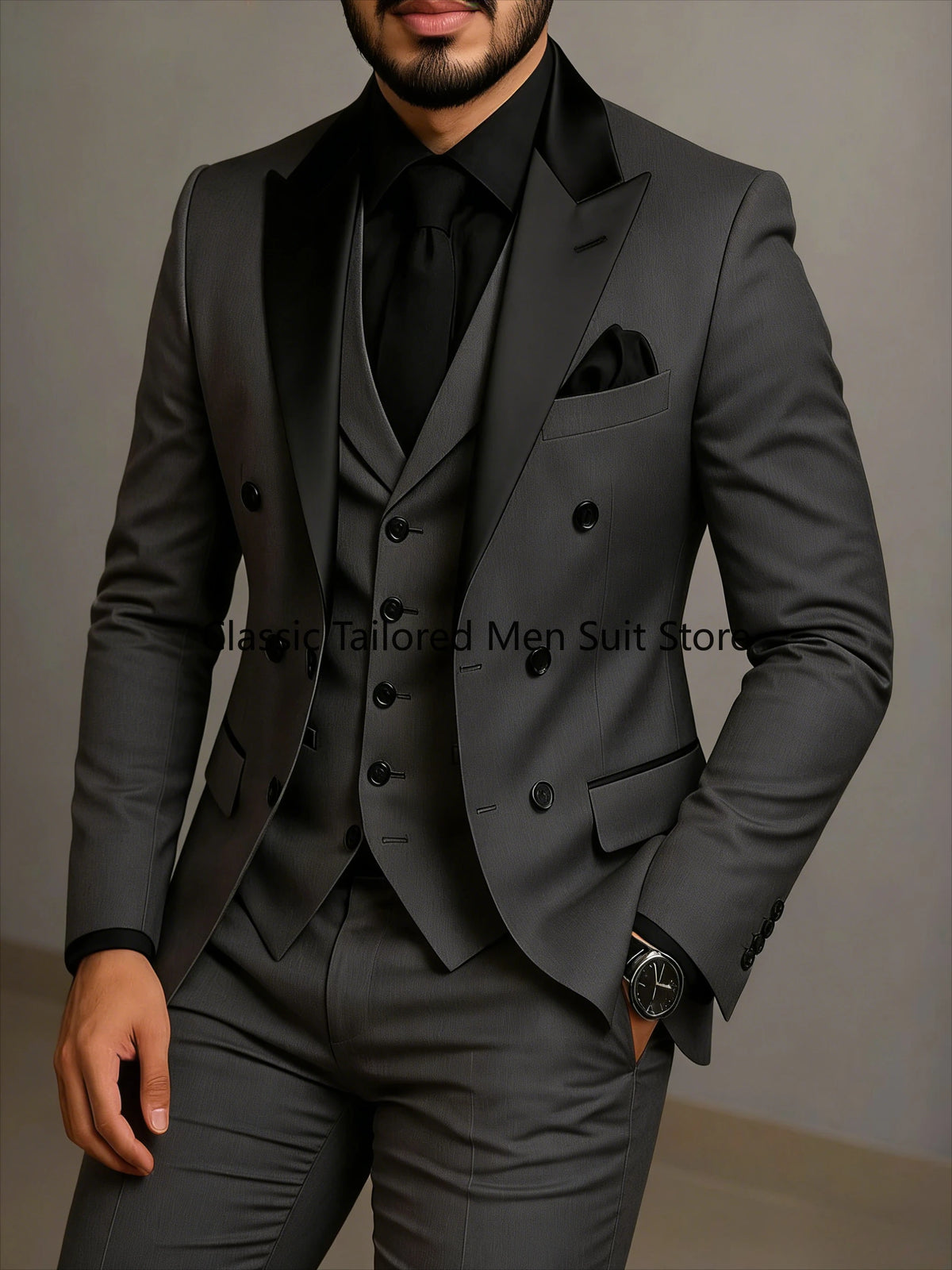 Men's Beige Slim-Fit Double-Breasted Suit Set — product view