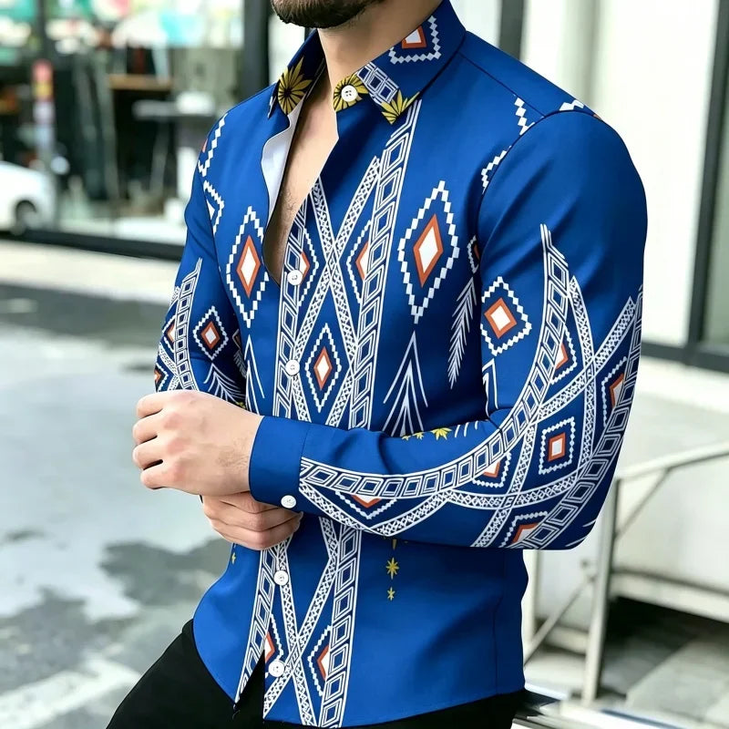 Men's Geometric Print Long-Sleeve Casual T-Shirt
