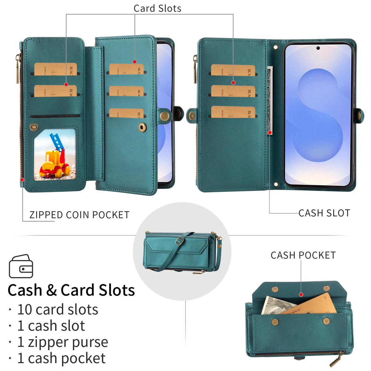 Crossbody Multi-Card Wallet Phone Case for Samsung Galaxy S9+, S26+, S26 Edge, S26, S26 Ultra, S25 FE, S25+, S25 Edge, S21+ 5G, S20, S20+, S20 Ultra, S20 FE, S10, S10+, S9, S23 Ultra, S23+, S22 Ultra 5G, S22 5G, S22+ 5G, S21 & More Models