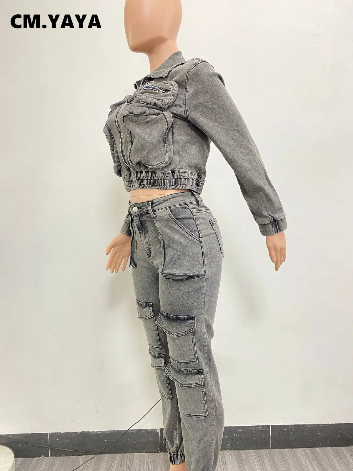 Women's Pocket Denim Jacket & Cargo Jeans Set