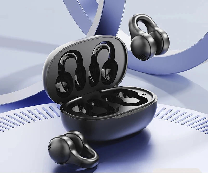 Three pairs of black wireless earbuds with their open charging case on a stylized light blue and purple background. One earbud is floating above the case, one is inside the open case, and one is resting outside the front.