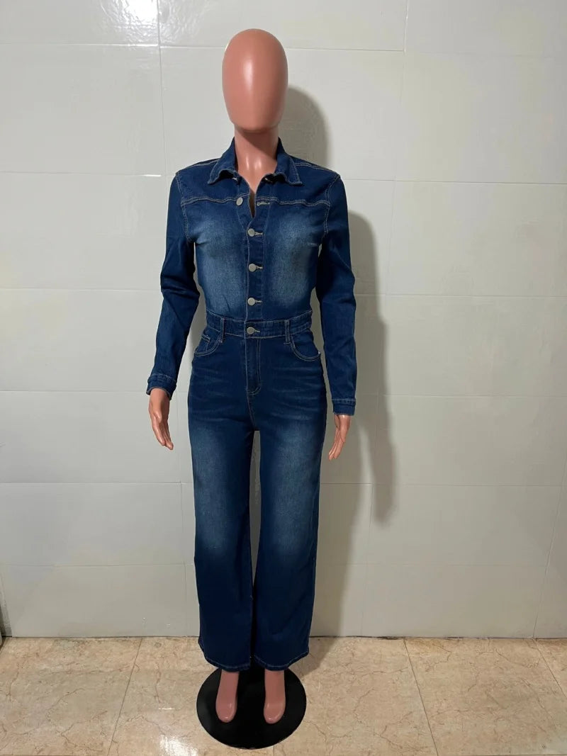 Women's Long-Sleeve Collared Denim Jumpsuit