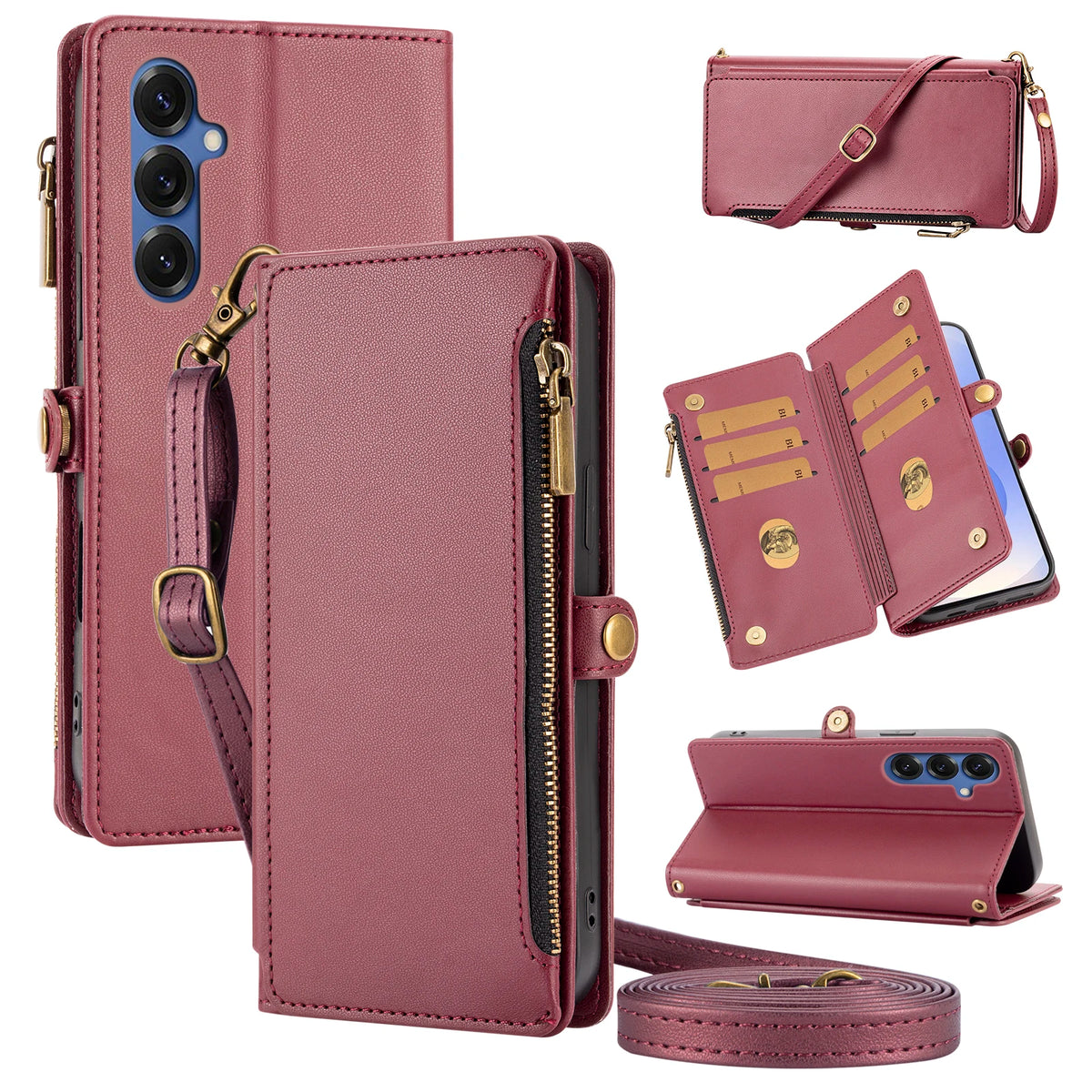 Crossbody Zipper Wallet Phone Case with Stand for Redmi Note 11S, Redmi Note 10 5G, Redmi Note 10 4G, Redmi Note 10S, Redmi Note 9 Pro, Redmi Note 9, Redmi Note 9S, Redmi Note 8 Pro, Redmi Note 8, Redmi Note 15 Pro 5G & More Models