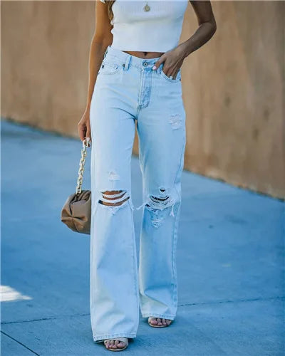 Women's Light-Wash Ripped Straight-Leg Jeans — product view